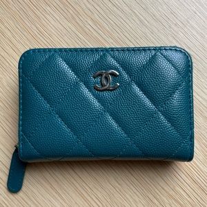 CHANEL Caviar Quilted Zip Coin Purse Wallet Dark Turquoise
